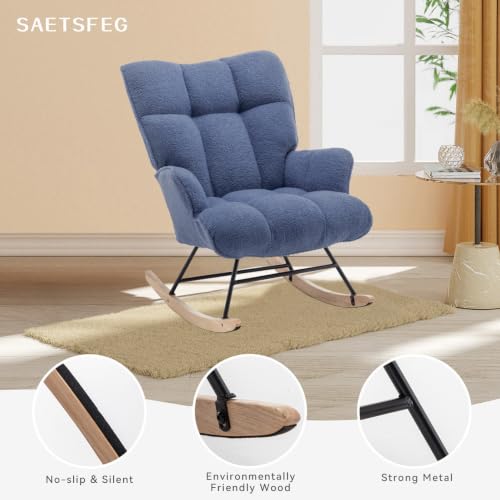 Rocking Chair Nursery Teddy Upholstered Glider Rocker Rocking Accent Chair Padded Seat with High Backrest Armchair Comfy Side Chair for Living Room Bedroom Offices (Darkblue Teddy) - color: Darkblue