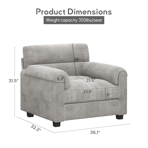 Bonzy Home Modern Accent Chair, Comfy Corduroy Living Room Reading Chair with Overstuffed Cushion and Rolled Arms, Upholstered Single Sofa for Bedroom, Small Apartment, Gray - color: Light Gray, size: 1-seater