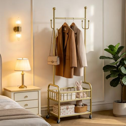 Free Standing Rolling Clothes Rack with Wheel Shoe Storage - Golden | Small Narrow Cloth Hanger Garment Rack for Bedroom Livingroom Lab Dress Shirt Rack with Metal Basket and Shoe Storage Shelves - color: Gold-2 Tier
