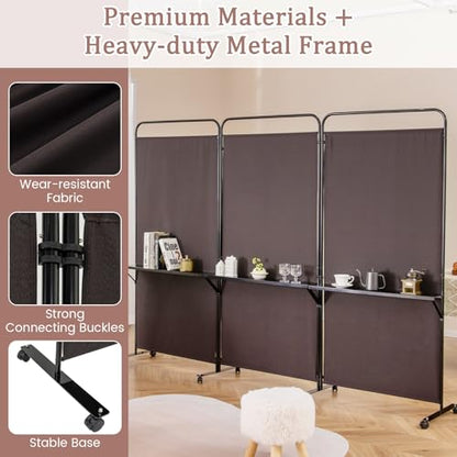 GOFLAME 3 Panel Room Divider with Storage Shelves, 6FT Folding Privacy Screen with Lockable Wheels, Portable Rolling Wall Divider, Freestanding Partition Screen for Room Separation, Brown - color: Brown