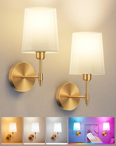 Battery Operated Wall Sconces Set of 2, Wireless Rechargeable Dimmable Wall Light with 5600mAh RGB Bulb and Remote for Bedroom, Living Room, Hallway, Gold, 13.5in - color: Gold, size: 13.5 Inch Set of 2