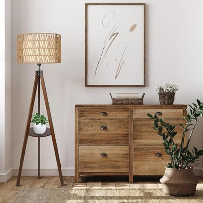 Tripod Floor Lamp with Shelves, Mid Century Wood Standing Lamp with Rattan & Fabric Shades, ON/Off Foot Switch, Modern Farmhouse Tall Floor Lamps for Living Room Bedroom Office