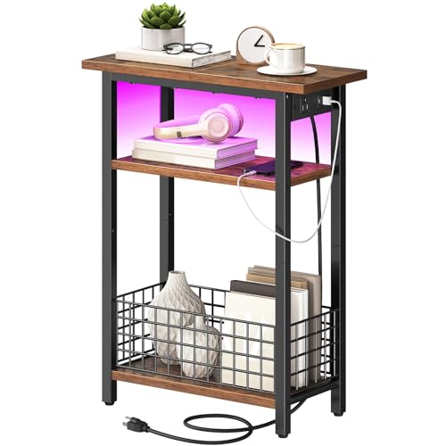 HOOBRO Narrow Side Table with Charging Station and LED Light, Small End Table with Storage, Skinny Nightstand with USB Port, Slim Bedside Table for Small Spaces, Living Room, Rustic Brown BF242UDBZ01 - color: Rustic Brown + Black