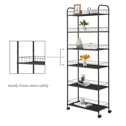6-Tier Storage Cart Wire Slim Shelving Shelf with Wheels for Small Spaces, Rolling Tall Organizer Storage for Bathroom, Kitchen, Home, Garage, Bedroom, Closet (Black, 10“D)