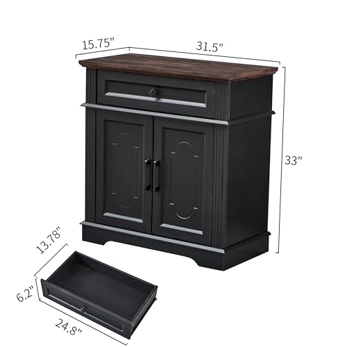 Black Storage Cabinet with 2 Doors and 1 Drawer, Kitchen Pantry Cabinet | Farmhouse Buffet Sideboard Coffee Bar Cabinet Adjustable Shelf, Freestanding Modern Living Room Bathroom Dining Room - color: Black, size: 33"(H) x 31.5"(W) x 15.75"(D)
