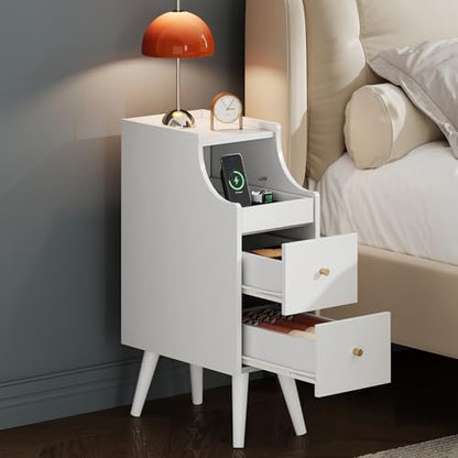 WLIVE Small Nightstand with Drawers, Narrow Bedside Tables with Open Shelf & Cable Hole, Narrow Nightstand for Bedroom, Modern Storage Cabinet for Small Spaces/Living Room, White - color: White