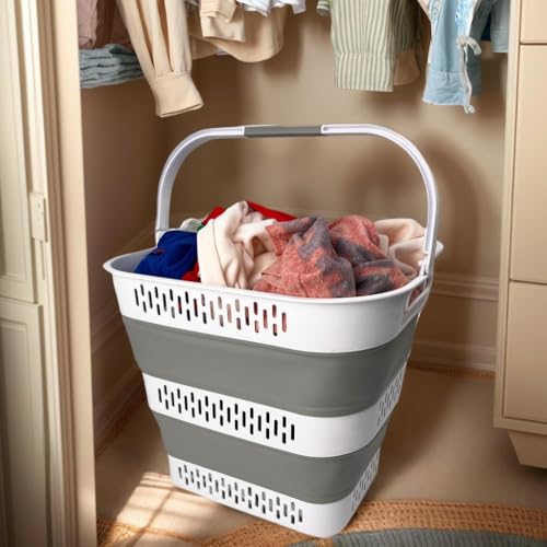 SAMMART 38L(10 Gal) Collapsible Laundry Basket - Foldable Pop-Up Storage Container/Organizer-Portable Space Saving Hamper, Measure 17.5x13.3x15.7"/3.8" Expanded/Collapsed (2, White/Grey) - color: White/Grey