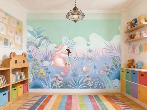 ASJ Kids Nursery Peel and Stick Wallpaper Mural, Girl Bunny Planet Pink | Seamless edge-to-edge match. Space botanical dreamy artwork, 98x62 in, premium fabric, girls bedroom playroom. - color: Soft Pink, size: 98" x 62"
