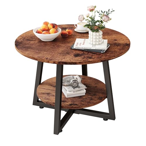 Round Coffee Table with Storage,Metal Small Coffee Table,Brown | 2-Tier Circle Small Coffee Table for Living Room, Metal Frame/Wood Look,Modern Sofa Table Center for Home Office - color: Brown