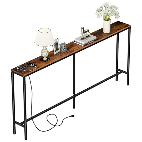 Nouva 70 Inch Narrow Console Table with Outlet, Sofa Table with Charging Station, Behind Couch Table with Metal Frame for Living Room, Rustic Brown