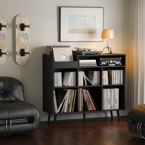 Large Record Player Stand with Vinyl Storage Cabinet, Wood Turntable Table Open Shelf Holder Up to 500 Albums Cube Storage Organizer for Living Room, Office, Black - color: Black