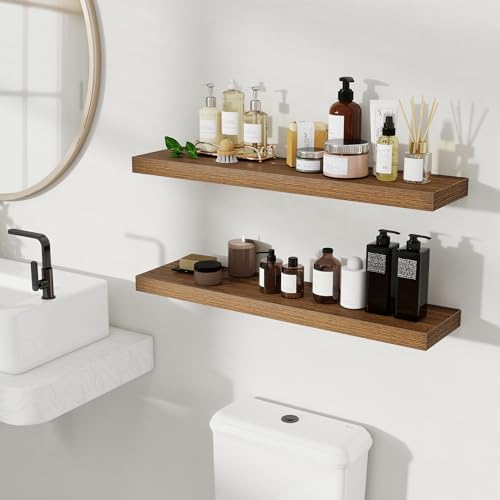 Fun Memories Floating Shelves for Wall, 32 Inch Set of 2 Rustic Wood Wall Shelves with Invisible Brackets, Heavy Duty Storage Display for Living Room Bedroom Kitchen, Walnut - color: Walnut Brown, size: 32"W x 6.5"D, Set of 2