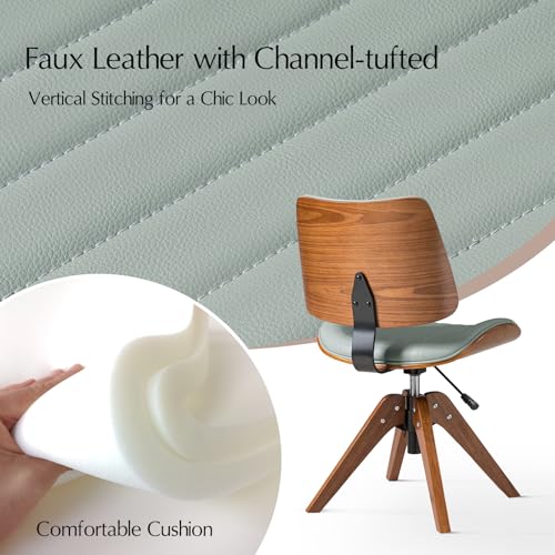 HULALA HOME Faux Leather Home Office Desk Chair No Wheels, Sage | Mid-Century Modern Desk Chair with Wood Legs, 360° Swivel Computer Task Chair with Channel-Tufted Backrest, Height Adjustable - color: Sage