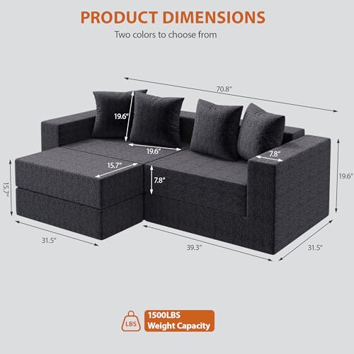 Modular Boneless Loveseat, L-Shape Cloud-Like Sectional Couch with High-Density Memory Foam, Convertible Comfy Couch for Living Room Apartment Small Space - No Assembly Required, Grey - color: Grey