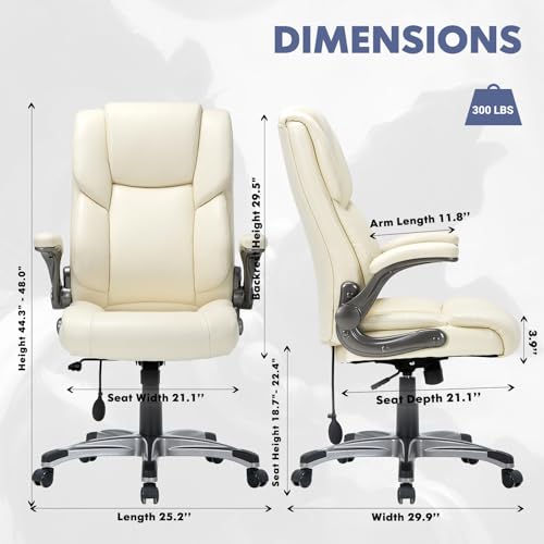 COLAMY High Back Executive Office Chair- Ergonomic Home Computer Desk Leather Chair with Padded Flip-up Arms, Adjustable Tilt Lock, Swivel Rolling Chair for Adult Working Study-Ivory - color: Ivory, size: Set of 1