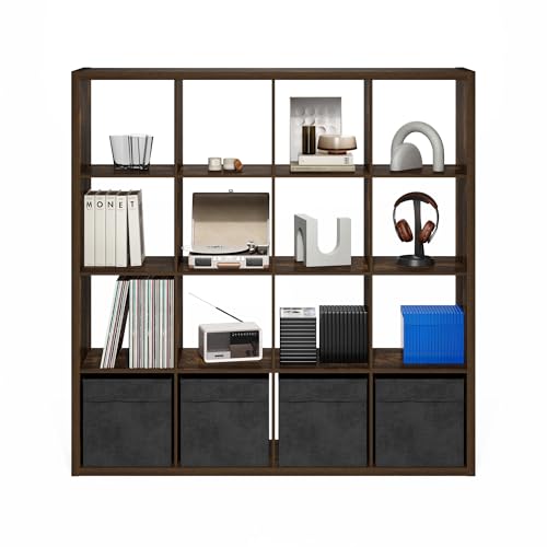 Furinno Cubicle 16-Cube Book Shelf, Extra Thick Frame Bookshelf, Amber Pine | 14.6" x 58" x 58", Reversible Bookcase with Open Back, for Living Room, Bedroom, Home Office - color: Amber Pine, size: 16-Cube