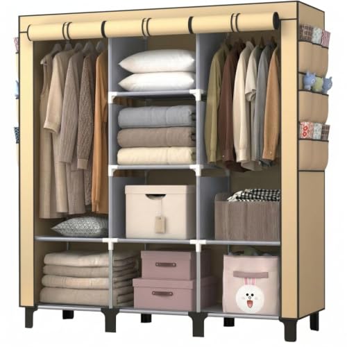 Portable Wardrobe with 10 Storage Racks and 2 Hanging Poles, 18 Side Pockets Non-Woven Cover, Size 130 x 45 x 172 cm, Bedroom Closet Organizer(Beige) - color: Beige
