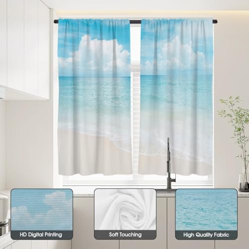 zokyer Coastal Kitchen Curtains, Beach Theme, 27.5" W x 36" L, Rod Pocket | 2 Panels, Hawaiian Tropical Nautical Seascape, S-ummer Blue Sea Sky Ocean Landscape, Sand Short Window Drapes Tiers Decor - size: 27.5"W x 36"L (Pack of 2)