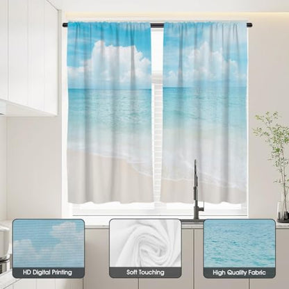 zokyer Coastal Kitchen Curtains, Beach Theme, 27.5" W x 36" L, Rod Pocket | 2 Panels, Hawaiian Tropical Nautical Seascape, S-ummer Blue Sea Sky Ocean Landscape, Sand Short Window Drapes Tiers Decor - size: 27.5"W x 36"L (Pack of 2)