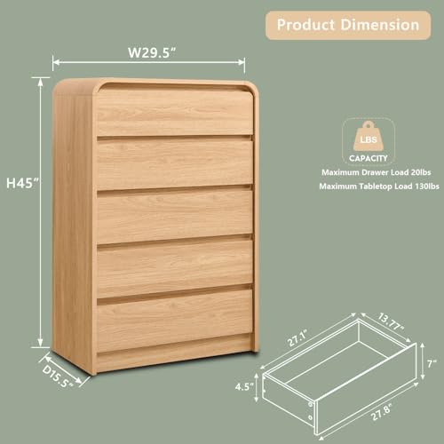 Aitjunz Modern 5 Drawers Dresser for Bedroom, 45" Tall Dressers & Chests of Drawers w/Curved Profile Design, Wood Mid Century Vertical Dresser w/Natural Texture for Bedroom, Living Room, Natural Oak - color: Natural, size: 15.5"D x 29.5"W x 45.3"H (5 Draw