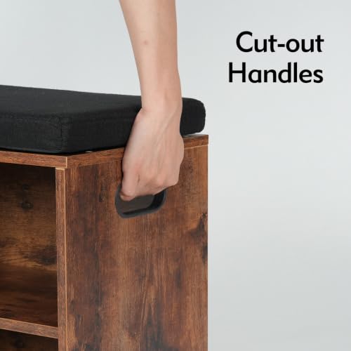 2 Tier Small Shoe Storage Bench Rustic Brown US-FHXD01H | hold up to 4 pairs of shoes, with Adjustable Middle Shelf, Padded Seat Cushion,cut-out handle - color: Rustic Brown