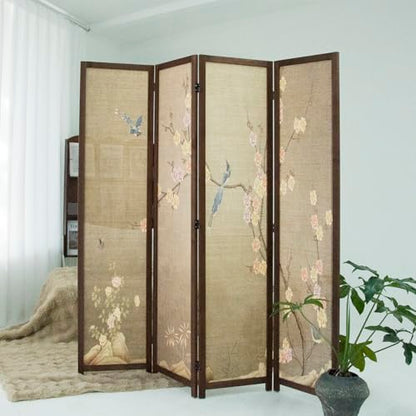 4 Panel Bamboo Room Divider, 5.6 ft Tall Double Sided Folding Privacy Screen for Room Separation, Premium Thickened Wood Frame Wall Divider, Colourful Plum (67" H x 63" W) - color: Colourful Plum, size: 4 Panel