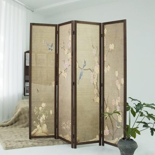 4 Panel Bamboo Room Divider, 5.6 ft Tall Double Sided Folding Privacy Screen for Room Separation, Premium Thickened Wood Frame Wall Divider, Colourful Plum (67" H x 63" W) - color: Colourful Plum, size: 4 Panel