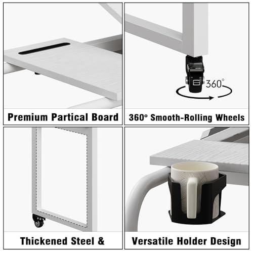 GiftGo Overbed Table with Wheels Rolling Laptop Desk Cart Table Height and Length Adjustable for Hospital and Home Use Over The Bed Table with Storage Drawer and Cup Holder (White, 31.5 to 47) - color: White