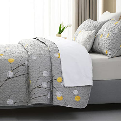 DURLENGEN Quilt Set Queen Size 3Pcs,Grey Branch with Yellow Turquoise Polka Dot Pattern,Soft Microfiber Lightweight Bedspread for All Season Layering(Queen 90x96,Botanical Grey) - color: Botanical Grey, size: Queen(90" x 96")