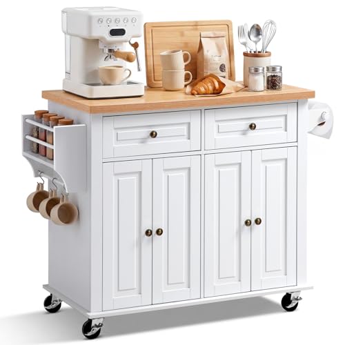 VEVOR Kitchen Island Cart with Storage, 43.7 in Wide Mobile Rolling Storage Island on Swivel Wheels, with 2 Drawers, Storage Cabinet, Spice/Towel Rack, Hooks, Table for Home Dining Room, White | Home Dining Use, Spice Towel Rack With Hooks, Cabinet Shelve