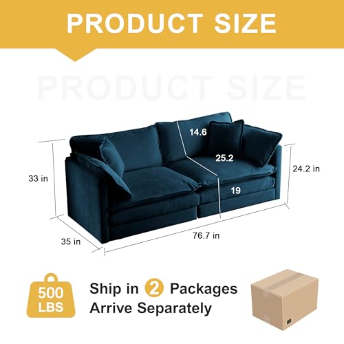 76.7 Inch Modular Sectional Cloud Sofa, 2-Seat Chenille Blue | Chenille Deep Seat Sofa with Pillow for Living Room, Bedroom and Apartment - color: Blue, size: 76.7 inch-Straight