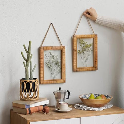 NIKKY HOME Rattan Framed Botanical Wall Art Set of 2 Natural Dried Flowers Grass Plant Artwork with Clear Glass Display Frame and Jute Rope Gallery Wall Decor Living Room Decor