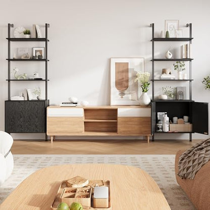 74" Tall Bookshelf with Storage Cabinet, Modern Ladder Shelf with Wood and Metal Frame, Wall Mount Bookcase Open Display Shelf Furniture for Living Room, Bedroom, Home Office，Black - color: Black