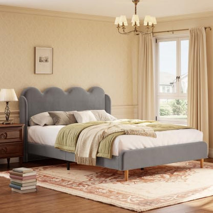 Garvee Twin Bed Frame for Kids, Upholstered Scalloped Wave Tall Headboard, Chenille Wingback Design, Wood Slat Support, No Box Spring Needed, Easy Assembly, Gray | Upholstered Scalloped Wave Tall Headboard, Wood Slat Support, No Box Spring Needed, Easy As