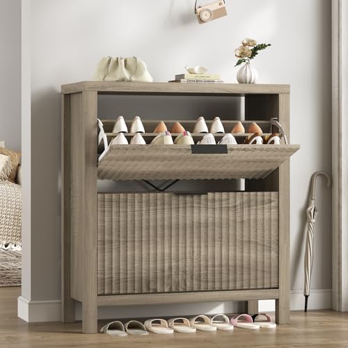 Fluted Shoe Cabinet Storage with 2 Flip Drawers for Entryway, Hallway | Narrow Shoe Rack Freestanding Shoe Organizer with Legs for Entryway，Hallway, Grey - color: Grey Alder, size: 2 Drawers