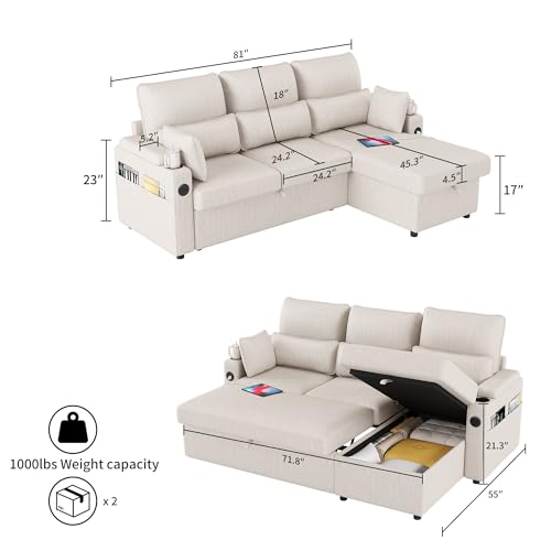 L-Sofa Bed Sleeper Pull Out with Storage Function and Two USB Ports and Cup Holder, Perfect for Small Space Modern Convertible Sofa Bed Living Room, Apartment Living Room - color: Beige, size: 81'' L shape sofa