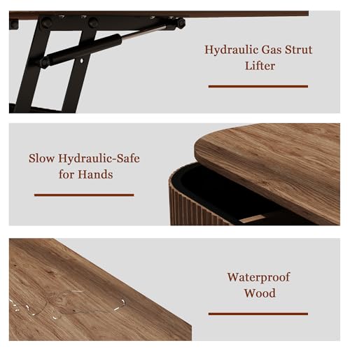 Fluted Lift Top Coffee Table with Hidden Storage, Oval Coffee Table with Lifting Top, Mid Century Modern Design for Living Room, Office & Small Spaces, Walnut - color: Walnut