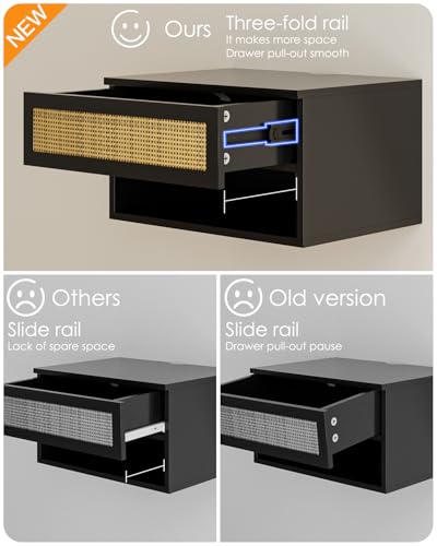 Modern Floating Nightstand with Drawer, Wall Mount Shelves, Black Rattan | Small Space Saver, Modern Minimalist Design, Wall Mounted Shelves, for Bedroom, Bathroom, Living room, Easy Assembly, Rattan - color: Black Rattan