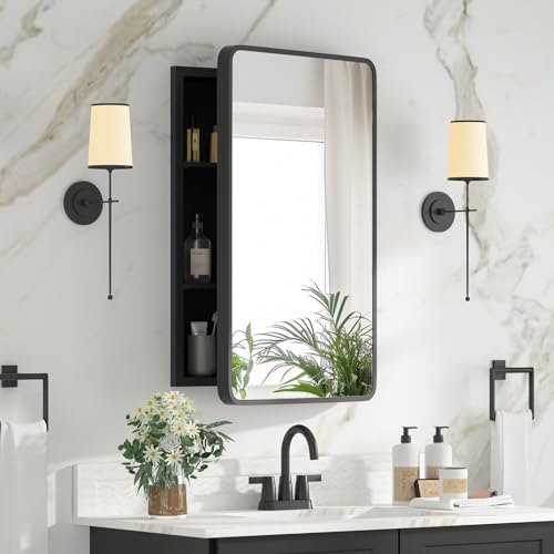 Bathroom Medicine Cabinet with Mirror 16 x 24 Inch, Black Medicine Cabinet Recessed or Surface Wall-Mounted, Mirrored Cabinets with 2 Adjustable Shelves for Bathroom Vanity - color: Black, size: 16*24inch