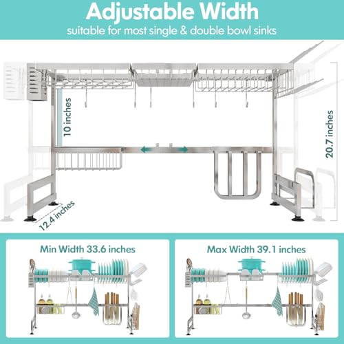 2 Tier Extra Large Stainless Steel Over The Sink Dish Drying Rack | Rust Proof Metal, Expandable Kitchen Sink Drainer, Counter Space Saving, Heavy Duty, Modern Silver, Multifunctional Storage - color: Silver, size: Over Sink 2 Tier