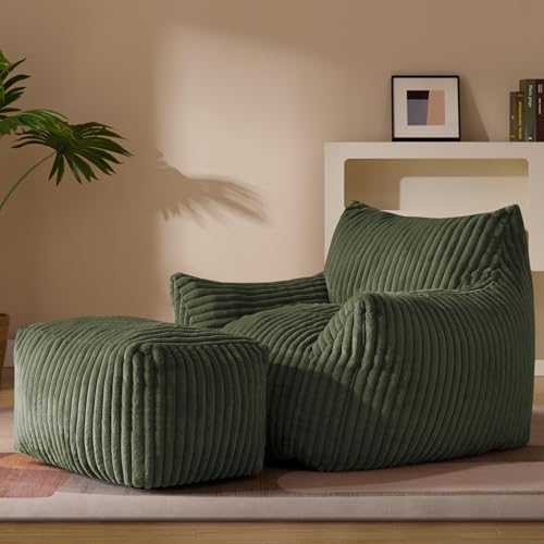 Gericco Oversized Bean Bag Chaise Lounge Chair Indoor for Adults with Armrests & Ottoman - Giant Comfy Green Beanbag Lazy Floor Sofa Cloud Accent Chair for Reading, Gaming, Cozy Plush Cloud Mini Couch - color: Green, size: XL Sofa Chair + Footstool