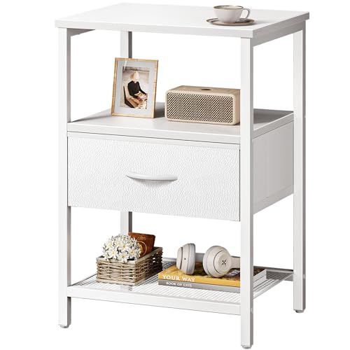 Huuger Night Stand with Fabric Drawer, Side Table with Mesh Shelf, Bedroom Nightstand, Fabric Drawer Dresser, Open Shelf, Metal Frame, Couch Side, White | Bedroom Nightstand, Fabric Drawer Dresser, Open Shelf, Metal Frame, Couch Side, White - color: White