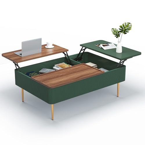 HLR 47" Dual Lift Top Coffee Table with Storage, Modern Wood Fluted Coffee Table with Hidden Compartment,Lift Tabletop Dining Center Table for Living Room, Office (Green)