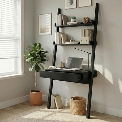 Home Office Desk with Ladder Shelf & Drawer, Computer Writing Desk with Storage Shelves, Modern Small Desk for Bedroom Study