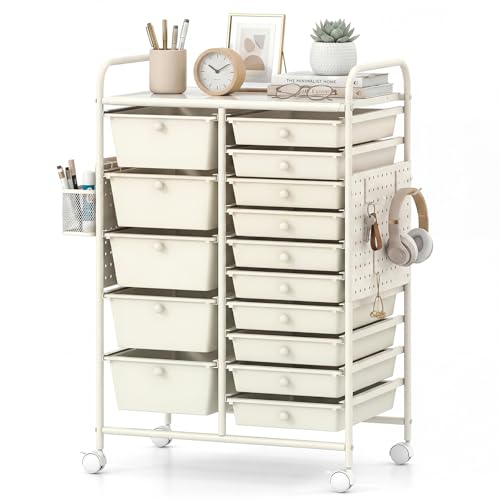 GOFLAME 15-Drawer Rolling Storage Cart with Pegboard, Craft Storage Cart with Lockable Wheels and Metal Frame, Art Cart Supply Storage Organizer for Home Office Classroom, White - color: White, size: 15-drawer with Pegboard-25"x14.5"x34.5"