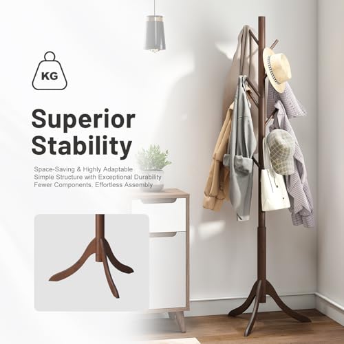 kiplant Bamboo Wood Coat Rack Stand, Freestanding Coat Tree with 8 Hooks, Hallway Entryway Hat Hanger Organizer Standing for Bedroom, Office, Clothes, Jackets, Bags, Umbrallas - color: Brown