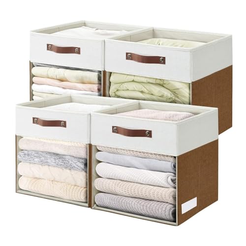Storage Cubes, 4 Pack Linen Foldable Storage Bins (13 x 13 inch) with Clear Window and Handles, Fabric Organizer for Shelf Closet, Clothes, Books - (Brown and White) - color: Brown / Off-White, size: 13 x 13 x 13
