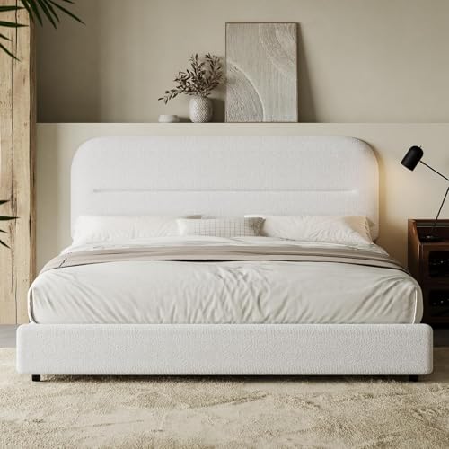HOMBCK Queen Size Boucle Bed Frames, Upholstered Bed Frame Queen Size with Headboard, Soft Cloud Bed with Thickened Footboard, Rounded Corners, No Box Spring Needed, Easy Assembly, White - color: White, size: Queen