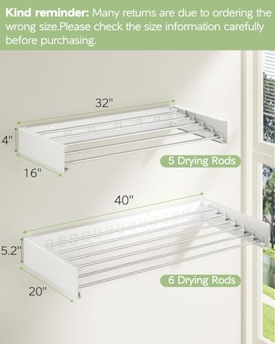 Vikaqi Wall Mounted Clothes Drying Rack 40 inches, Foldable Wall Mount Laundry Rack Folding Indoor, Drying Rack Clothing Collapsible, Hidden Space Saver with Wall Template, 6 Rods, White - color: White, size: 40" Wide