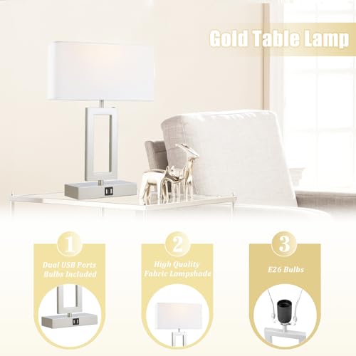 gernehop Silver Table Lamps Set of 2 with Dual USB Ports,3-Way Dimmable Touch Control Bedside Lamps,Modern Bedroom Table Lamp for Living Room,Nightstand LED Bulbs Included - color: 16Inch Silver